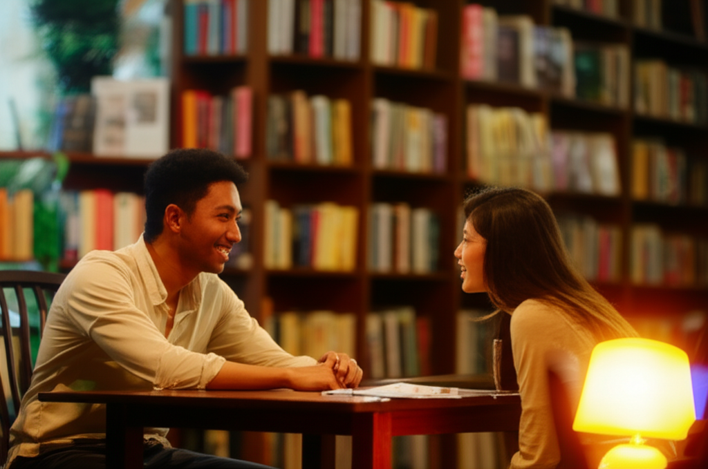 Как познакомиться с новыми людьми советы для интровертов: двое людей ведут спокойную беседу в уютном кафе.