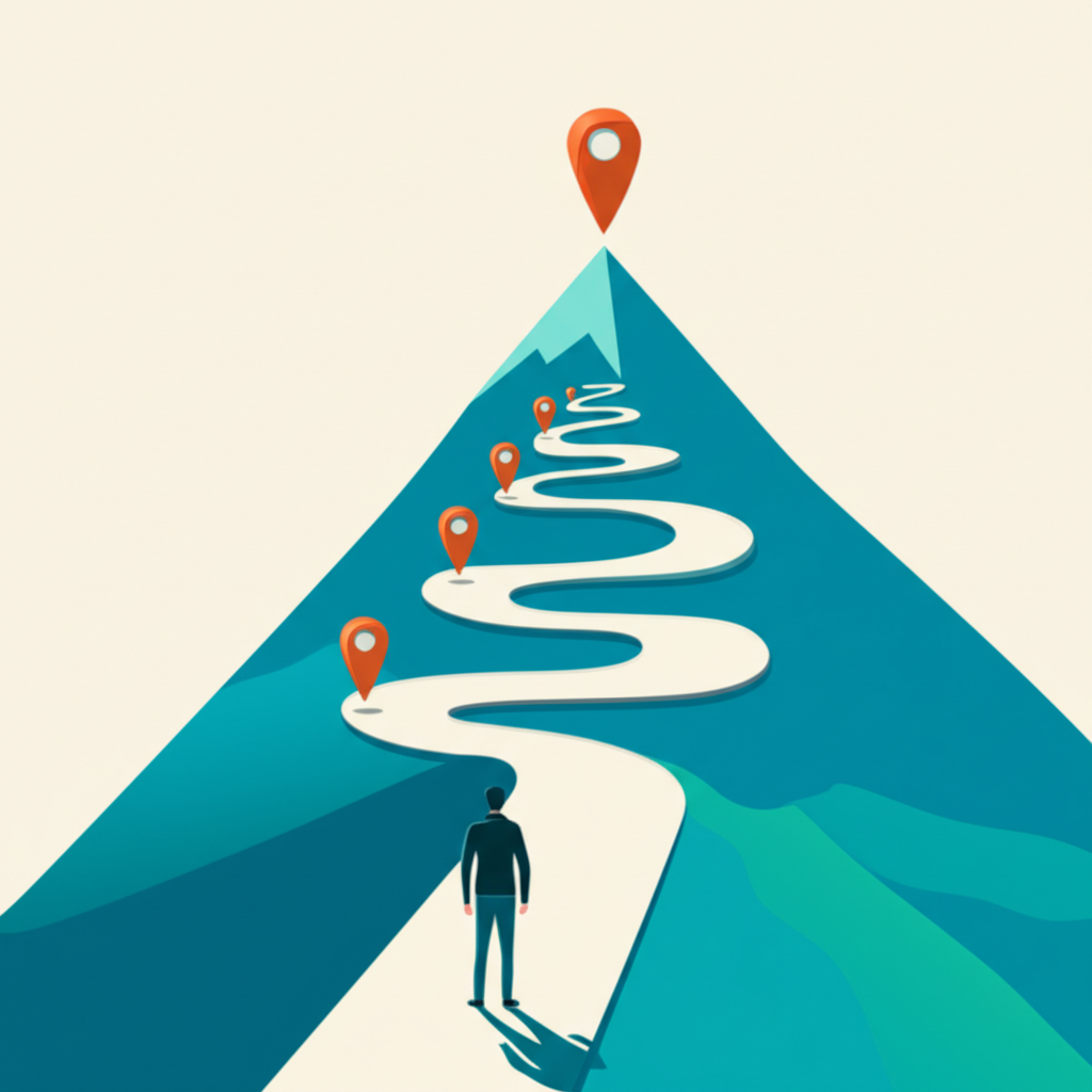 Иллюстрация, которая показывает, как правильно ставить цели: человек стоит в начале пути, ведущего к вершине горы.