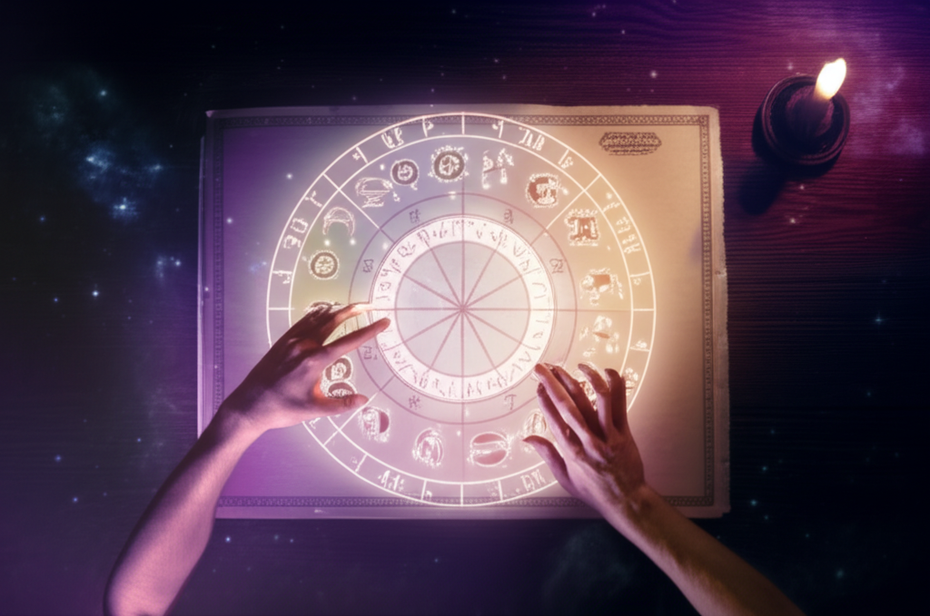 Астрологическая карта на столе специалиста, который объясняет, как предсказать события через астрологию.