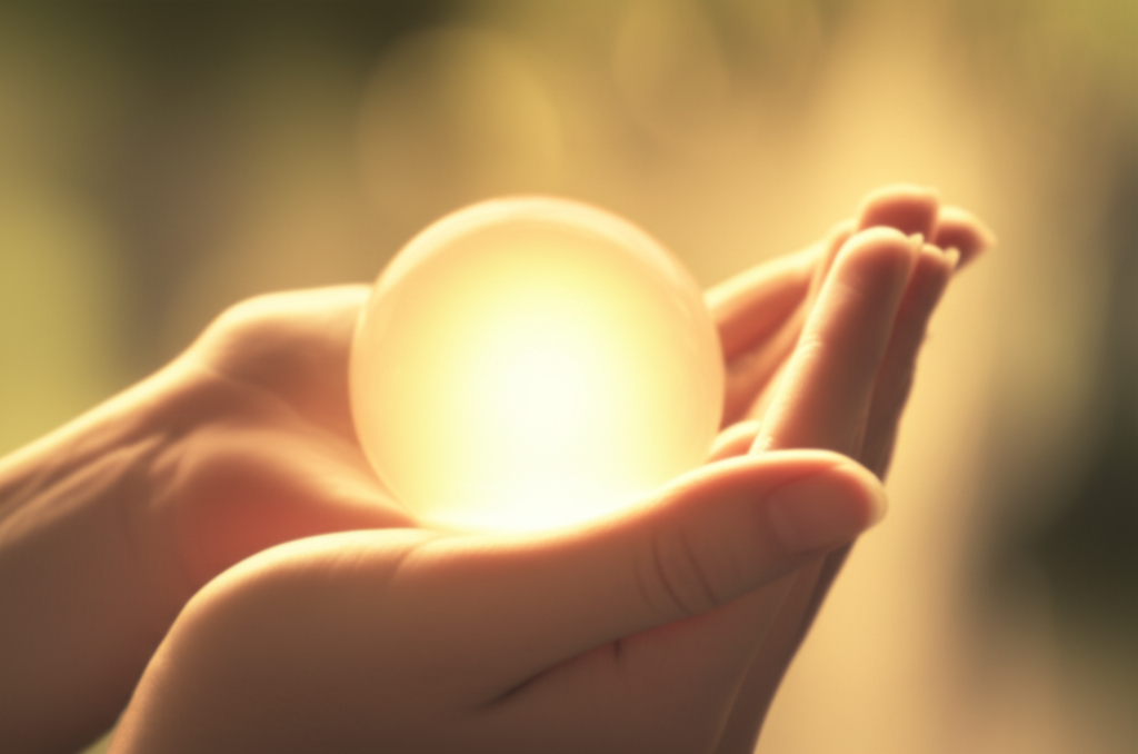 Человек бережно держит в руках светящийся шар, что иллюстрирует, как притянуть счастье через заботу и осознанность.
