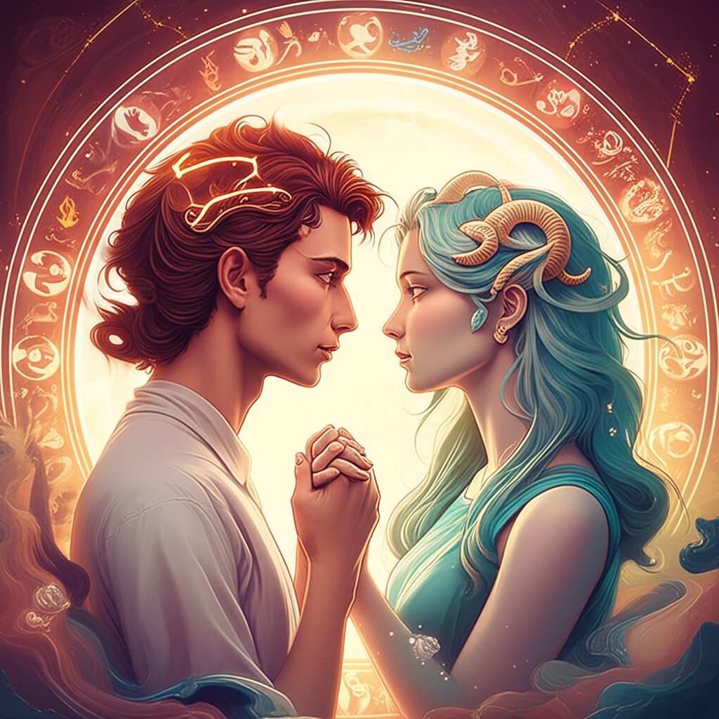 Две фигуры, объединенные астрологическими символами и созвездиями, символизирующие, как привлечь любовь по знаку зодиака и найти гармонию в отношениях.
