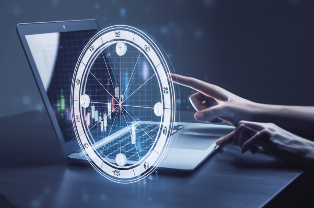 Аналитик изучает натальную карту и биржевые графики, чтобы понять, как прогнозировать финансы через астрологию.