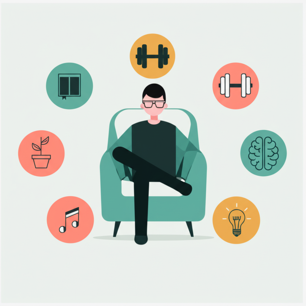 Иллюстрация, показывающая, как провести время с пользой, с иконками хобби и саморазвития.