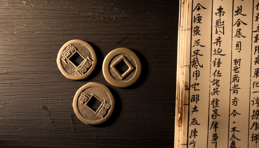 Детальное изображение, как работает книга перемен: древние монеты и открытый текст на столе.