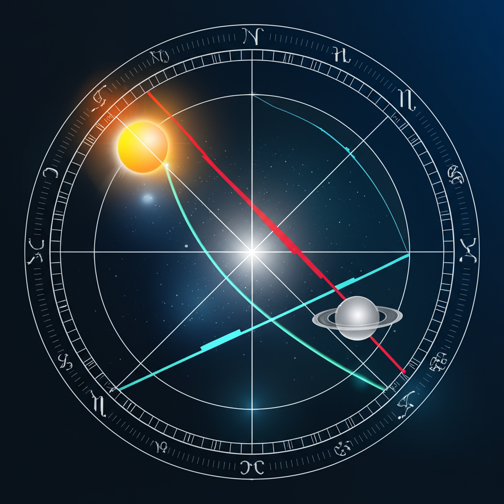 Стилизованная натальная карта, иллюстрирующая, как работают аспекты в астрологии между планетами.