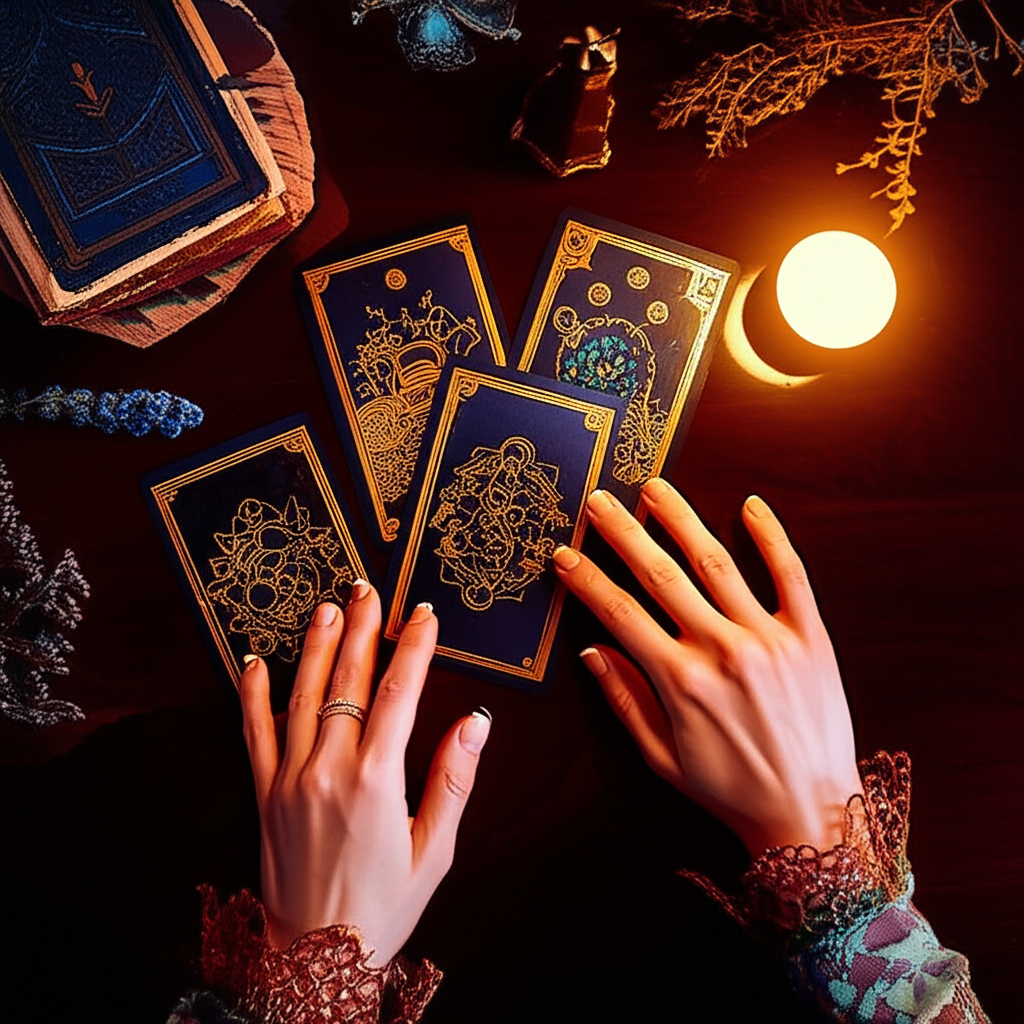 Детальное изображение, объясняющее, как работают карты таро, с руками таролога, делающего расклад на деревянном столе.