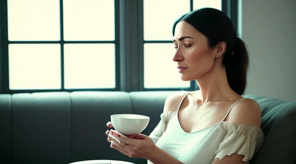 Женщина на диване задумчиво смотрит в сторону, держа в руке еду, помогая читателю понять, как распознать эмоциональный голод и его проявления.