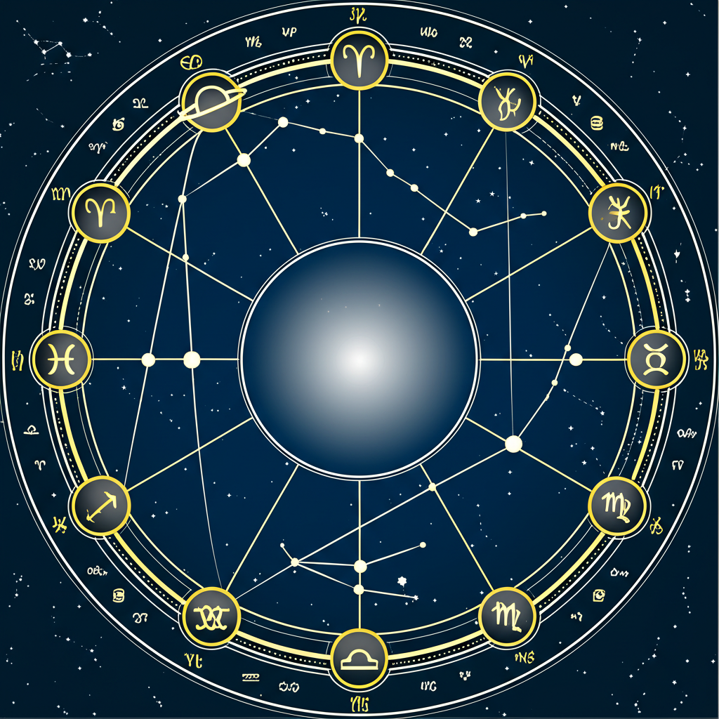 Стилизованный зодиакальный круг, показывающий, как рассчитать градус планеты для астрологического анализа.