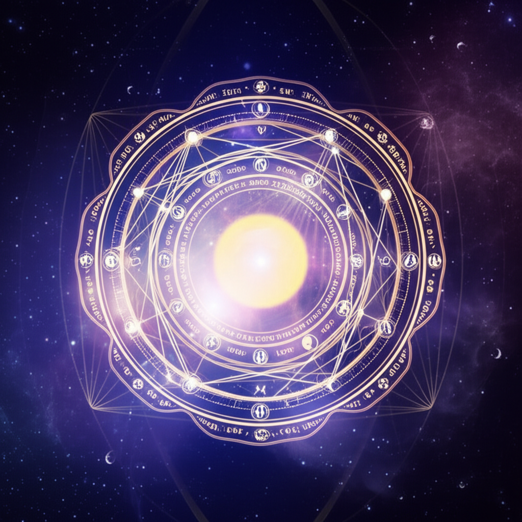 Детальное изображение натальной карты с символами планет и знаков Зодиака на фоне космоса, демонстрирующее процесс, как рассчитать натальную карту.