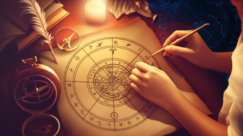 Человек вручную рассчитывает натальную карту, используя старинные инструменты и эфемериды на пергаменте, что символизирует процесс глубокого самопознания.