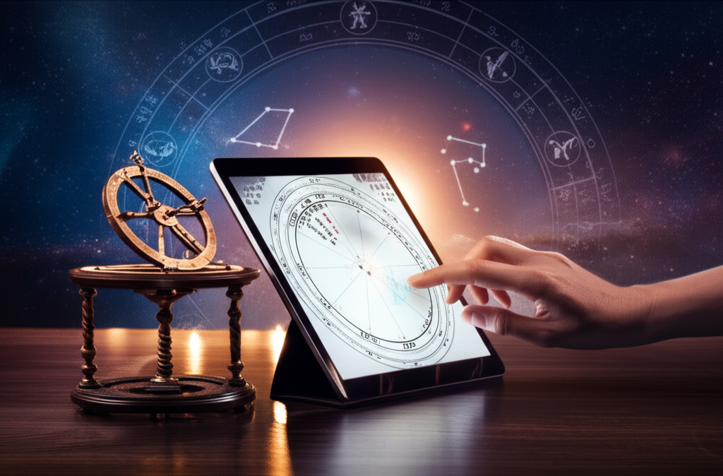 Изображение демонстрирует процесс, как рассчитать соляр в астрологии самостоятельно, сочетая старинные астролябии с современным цифровым экраном, отображающим астрологическую карту.