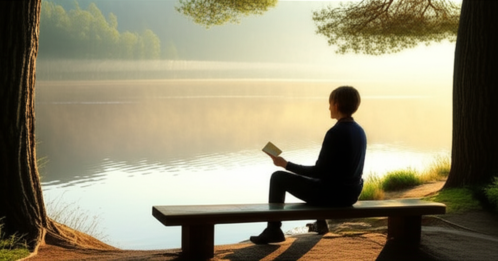 Спокойная обстановка, в которой человек размышляет, как разговаривать с умершими, через ведение дневника у озера.