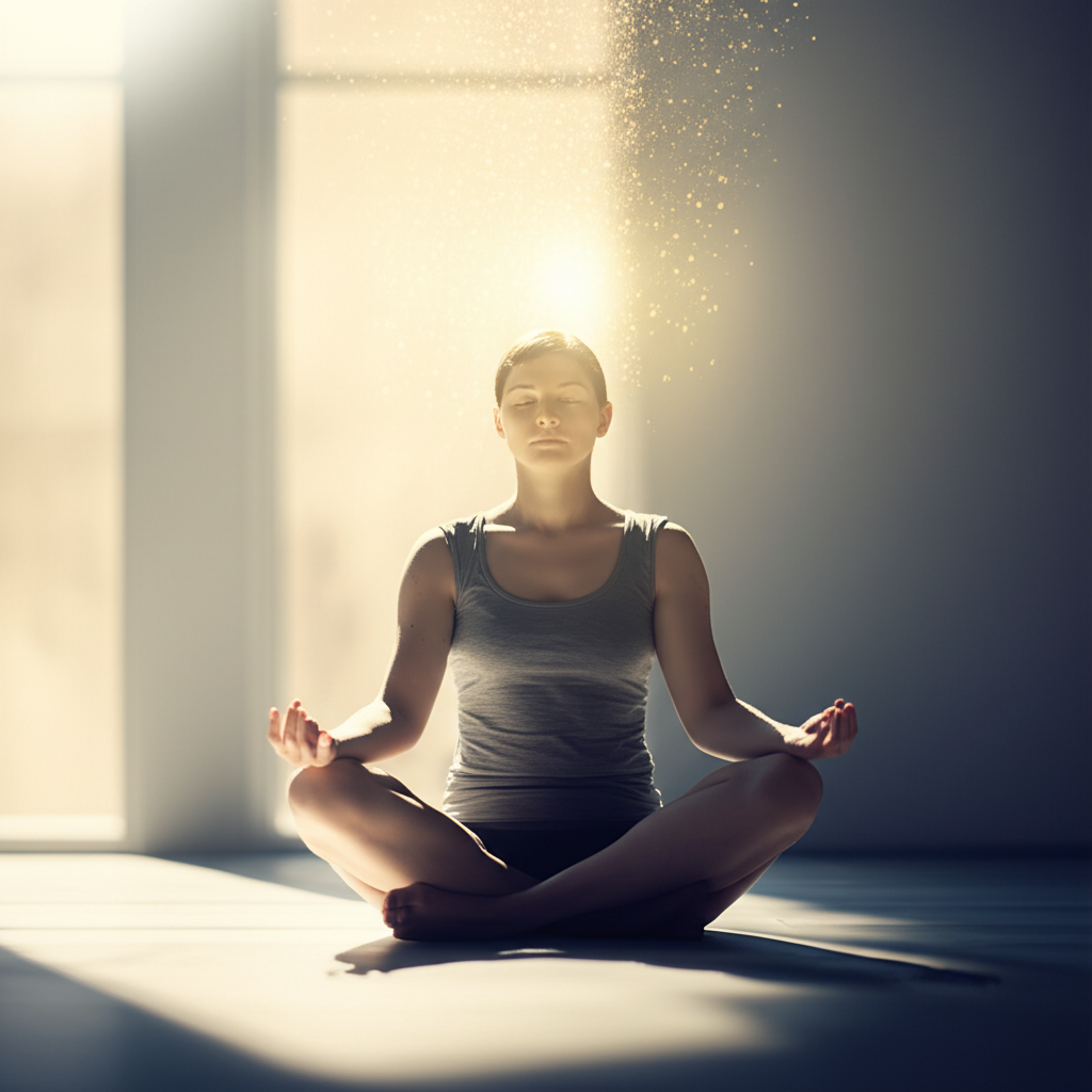 Человек в медитации познает, как развить экстрасенсорные способности, в потоке спокойного света.