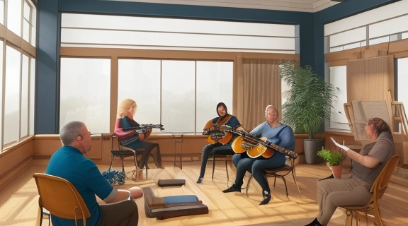 Группа детей в современном образовательном пространстве, активно занимающихся творчеством и наукой, что демонстрирует, как развить успехи детей через стимулирующую среду.