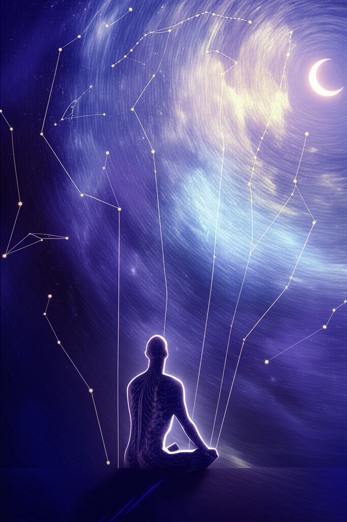 Практические шаги, как развивать духовность через астрологию, на фоне человека, медитирующего под звездным небом.