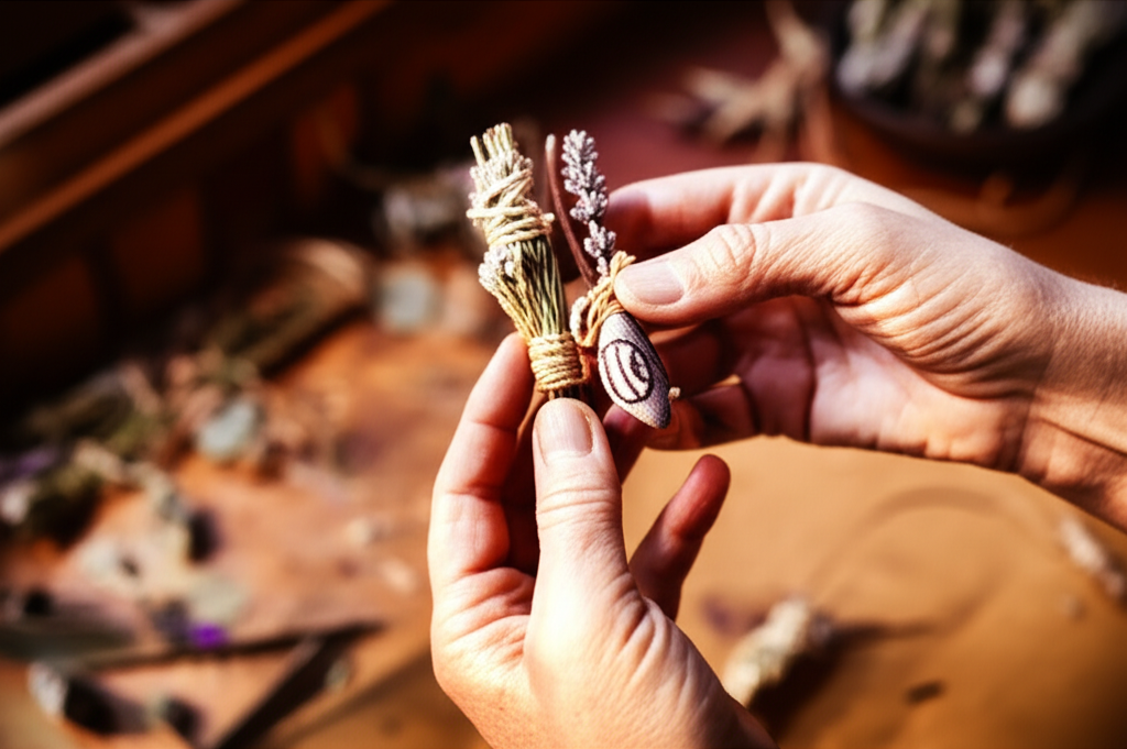 Человек решил сделать оберег для дома своими руками из трав, веток и камней.