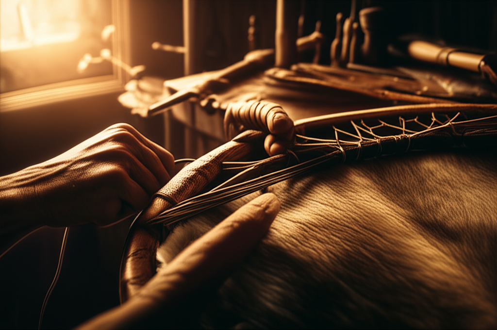 Подробный процесс, как сделать шаманский бубен: руки мастера натягивают кожу на деревянный обод.