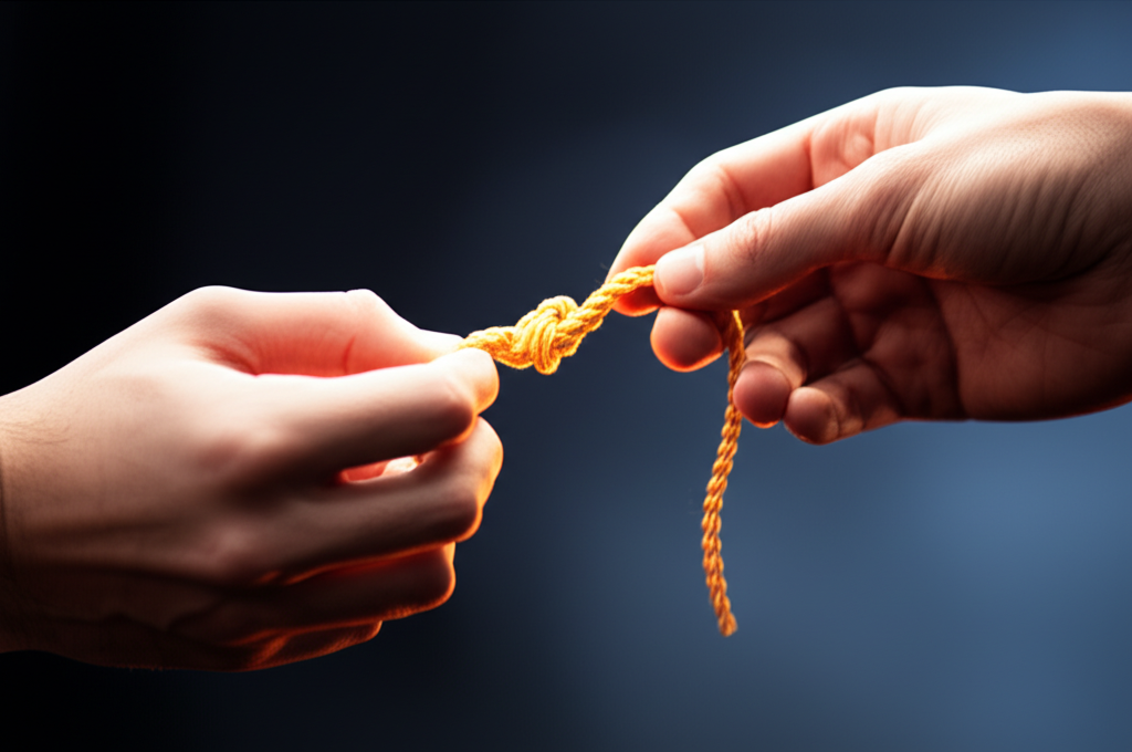 Две руки бережно распутывают светящийся узел, символизируя, как снять отворот и восстановить отношения.