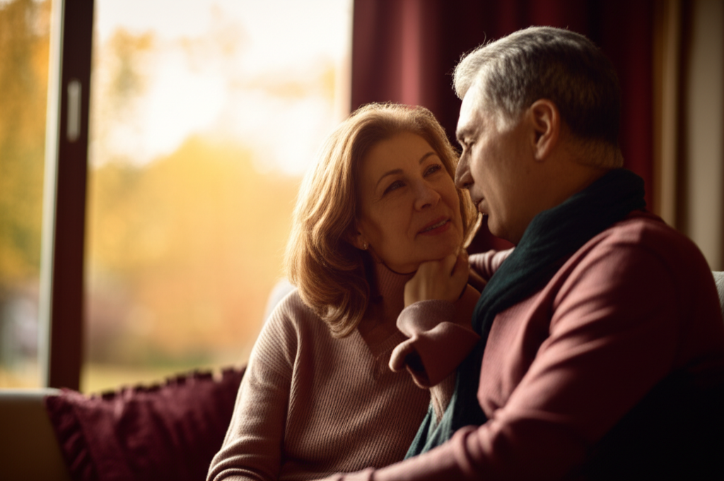 Зрелая пара на диване, демонстрирующая, как сохранить романтику в долгосрочных отношениях