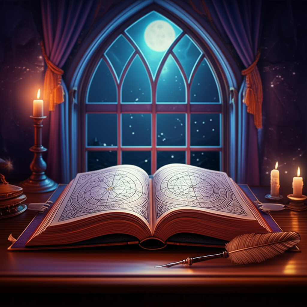 Изображение демонстрирует, как составить гороскоп на месяц самостоятельно, с помощью астрологических инструментов на старинном столе.