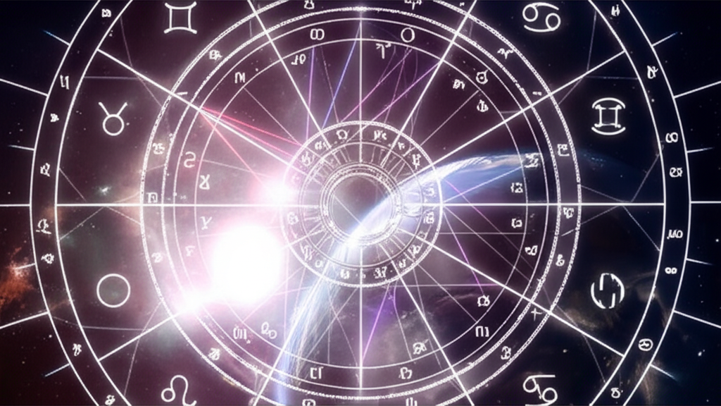 Детальная иллюстрация натальной карты на фоне космоса, показывающая, как составить натальную карту.
