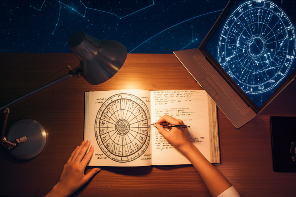 Рабочее место специалиста, который детально объясняет, как стать астрологом, изучая натальную карту.