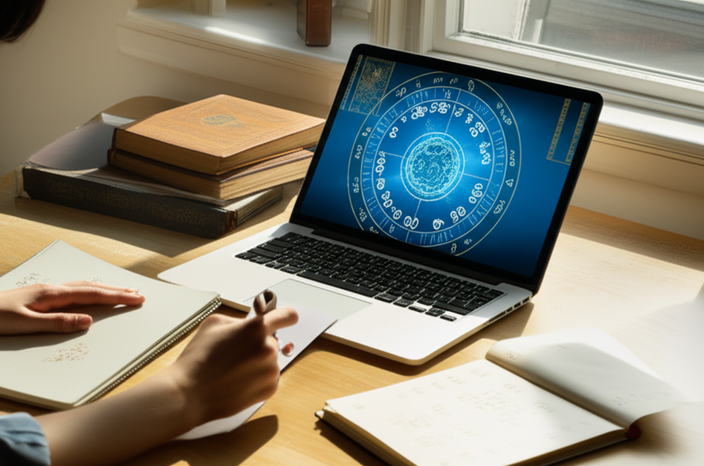 Рабочее место человека, который подробно изучает, как стать астрологом, анализируя натальную карту.