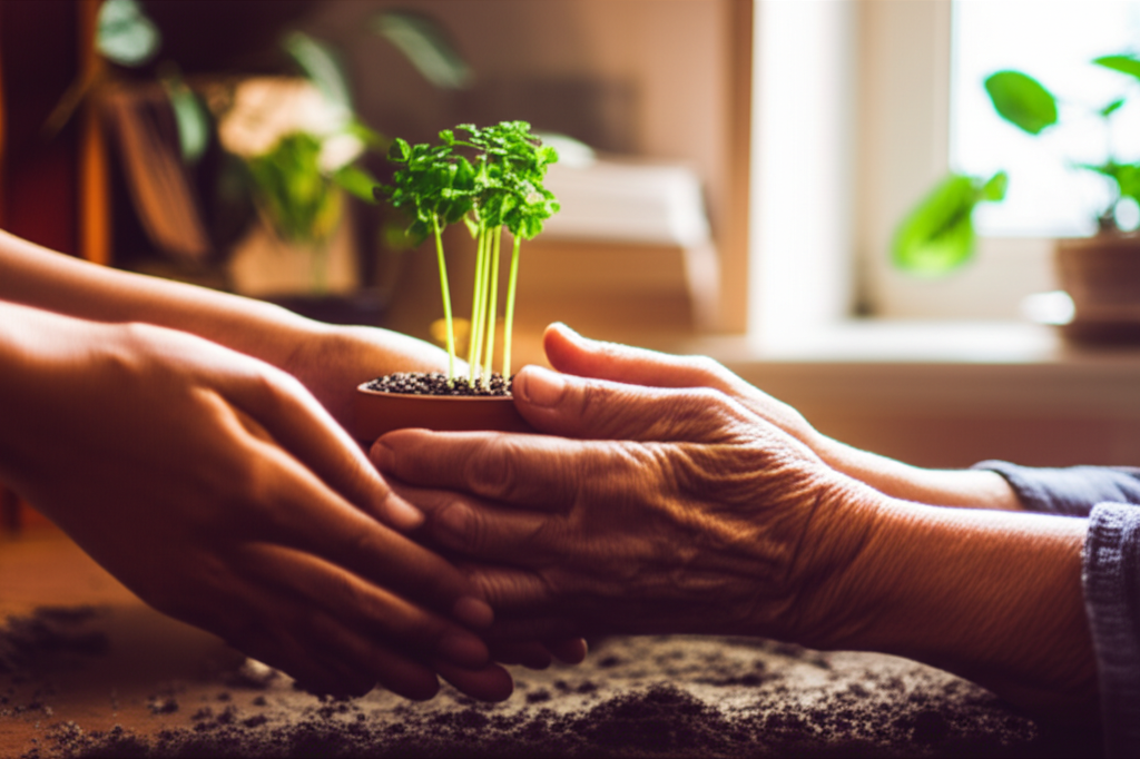 Две пары рук, бережно передающие росток в горшке, иллюстрируют, как стать добрее через заботу и внимание к другим.