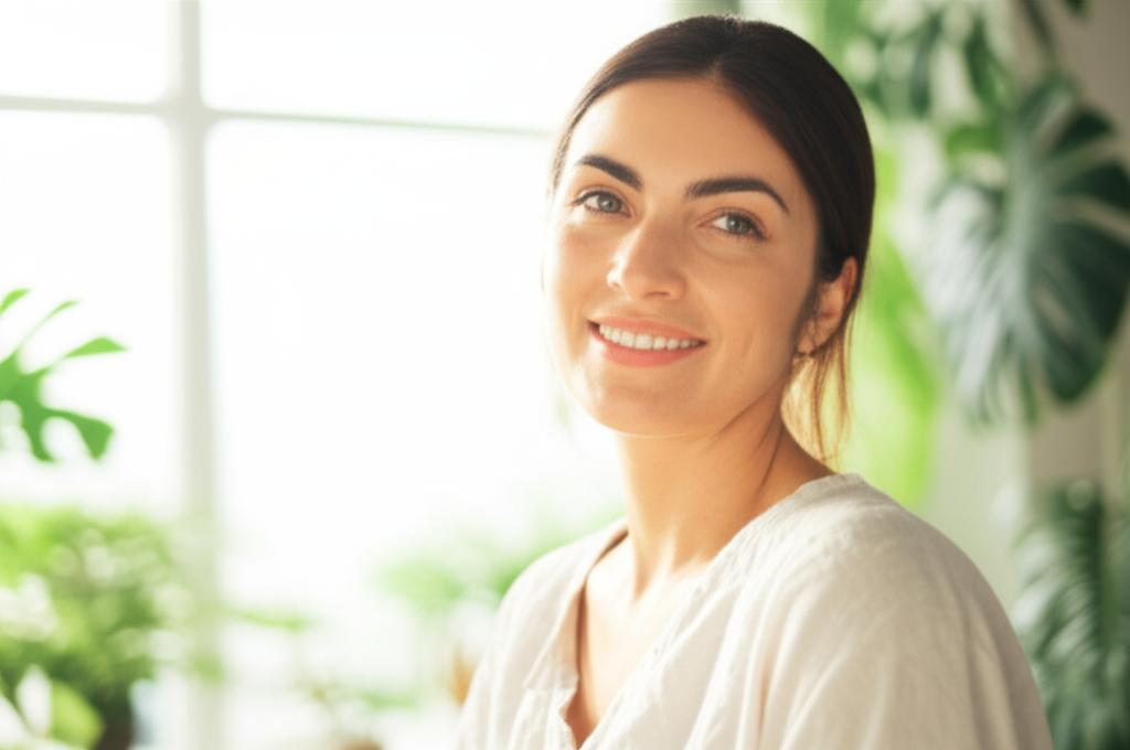 Женщина, которая знает, как стать красивее, с сияющей кожей в светлой комнате