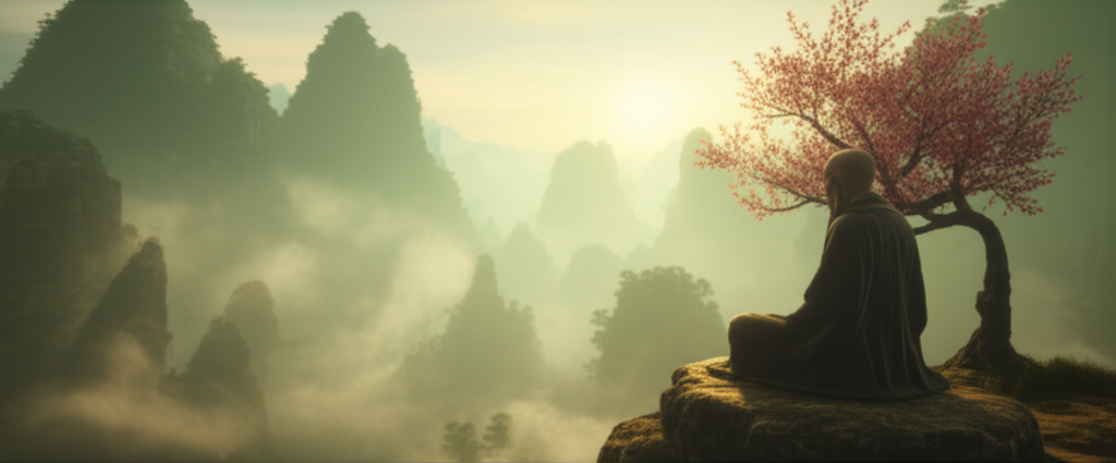 Мудрец в горах, постигающий как стать магом восточные поверья через медитацию.