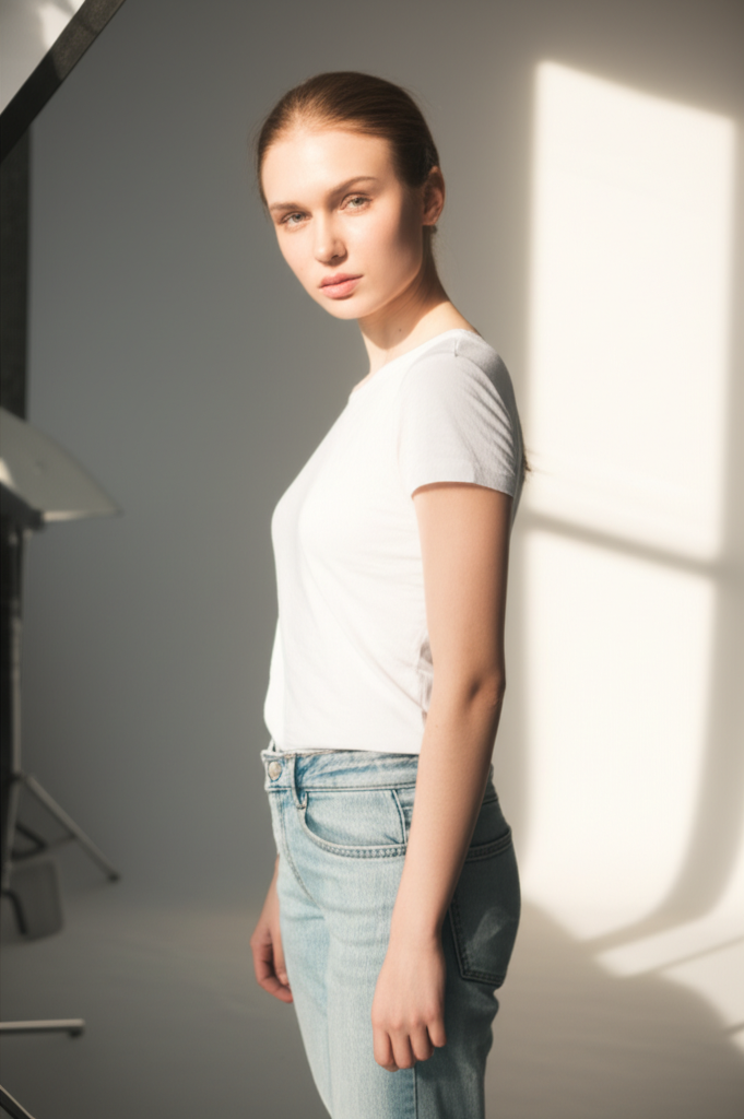 Начинающая девушка делает первые шаги, чтобы понять, как стать моделью, позируя в фотостудии.