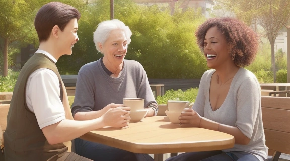 Группа улыбающихся людей в парке, демонстрирующая, как стать привлекательной через уверенность и позитивное общение.