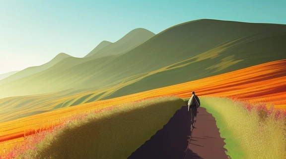 Человек, идущий по извилистой тропе к горной вершине, символизирующей, как стать успешным и достичь личных целей.