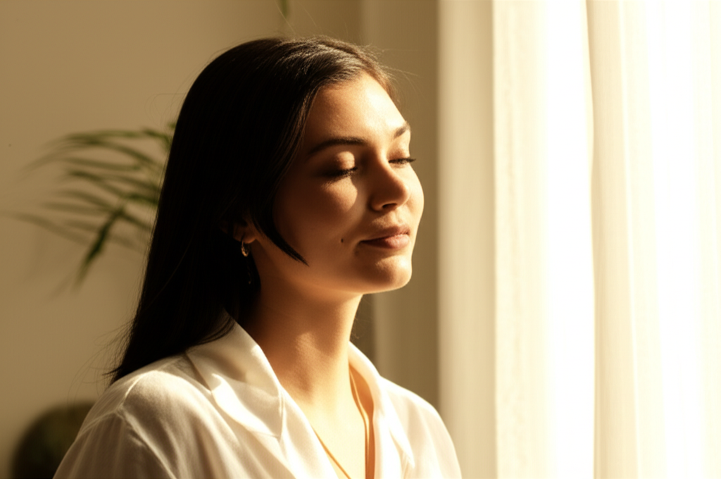 Внутренне гармоничная женщина, иллюстрирующая ответ на вопрос, как стать женственнее.