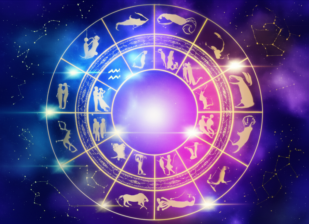 Астрологическая карта, иллюстрирующая, как целуются знаки зодиака на фоне звёздного неба