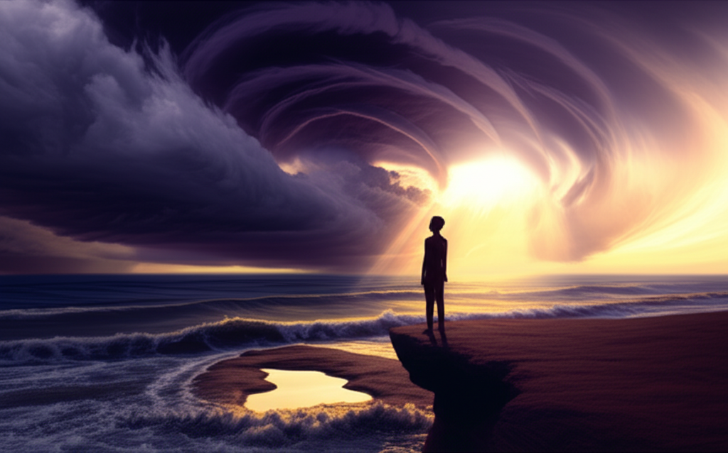 Человек, который знает, как укротить бурю, спокойно стоит на скале перед лицом стихии.