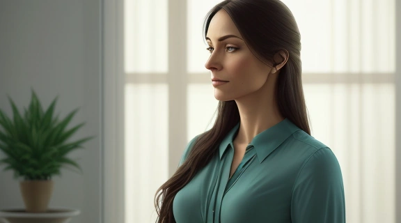 Задумчивая девушка, освещенная мягким светом, представляет, как увидеть суженого в своей жизни и строит планы на будущее.