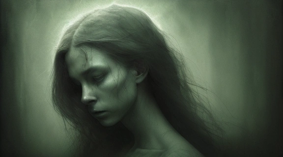 Женщина в задумчивости, на фоне темных силуэтов, символизирующих магическое влияние, помогающее понять, как узнать приворот и его последствия.