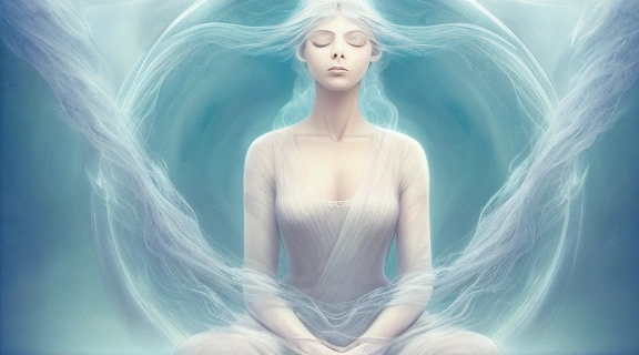 Задумчивая женщина в окружении абстрактных символов элементов, размышляющая о том, как узнать свою стихию.