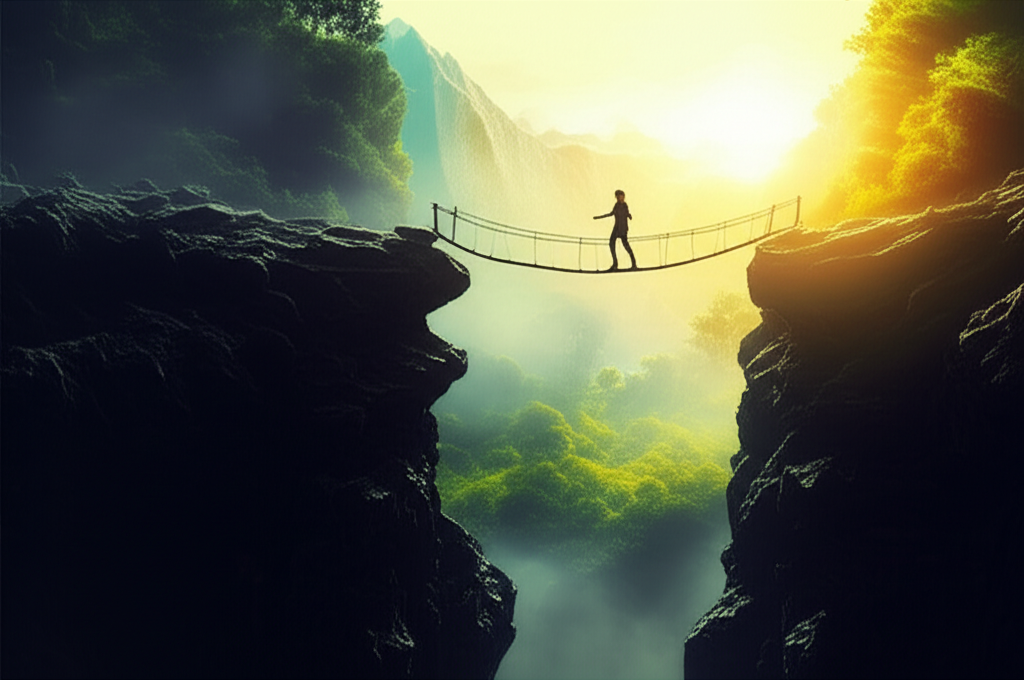 Человек делает первый шаг на мост через пропасть, чтобы вернуть потерянную мотивацию и обрести новые силы.
