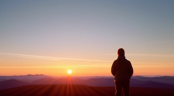 Человек на горном пике на рассвете, символизирующий путь к тому, как вернуть счастье и обрести внутреннюю гармонию.