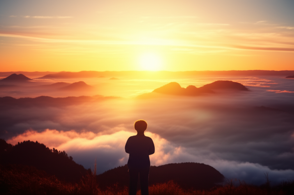 Человек на вершине горы на рассвете, символизирующий, как вернуть силу и энергию.