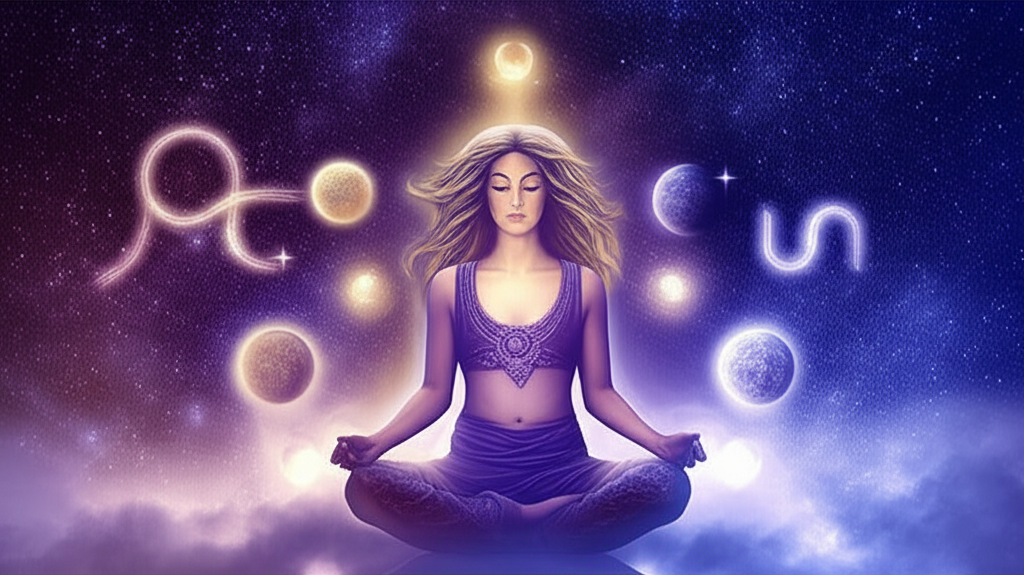 Мистическая иллюстрация, изображающая женщину в медитации под звездным небом, символизирующую внутреннюю гармонию и размышления о том, как вести себя при ретроградном Меркурии по знакам.