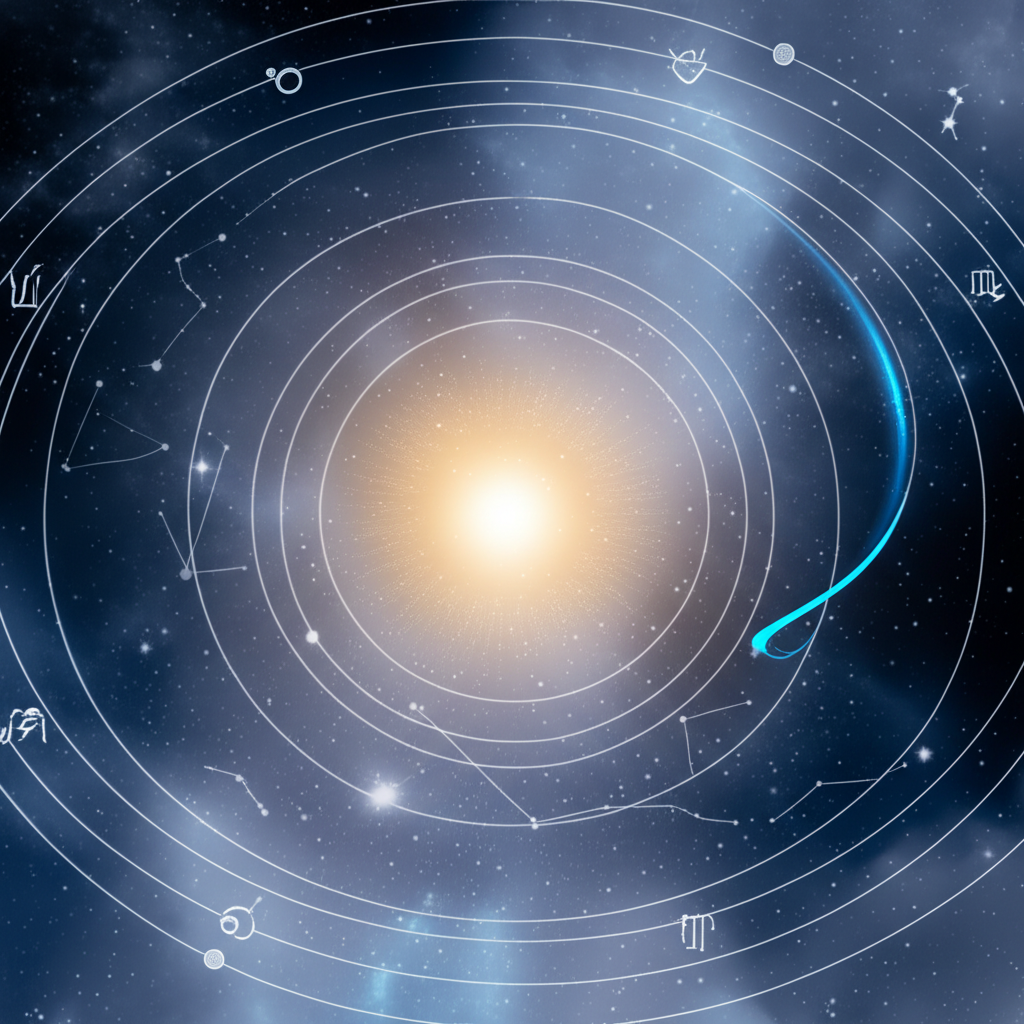 Стилизованное изображение планет, иллюстрирующее, как влияют ретроградные планеты на зодиакальный круг.