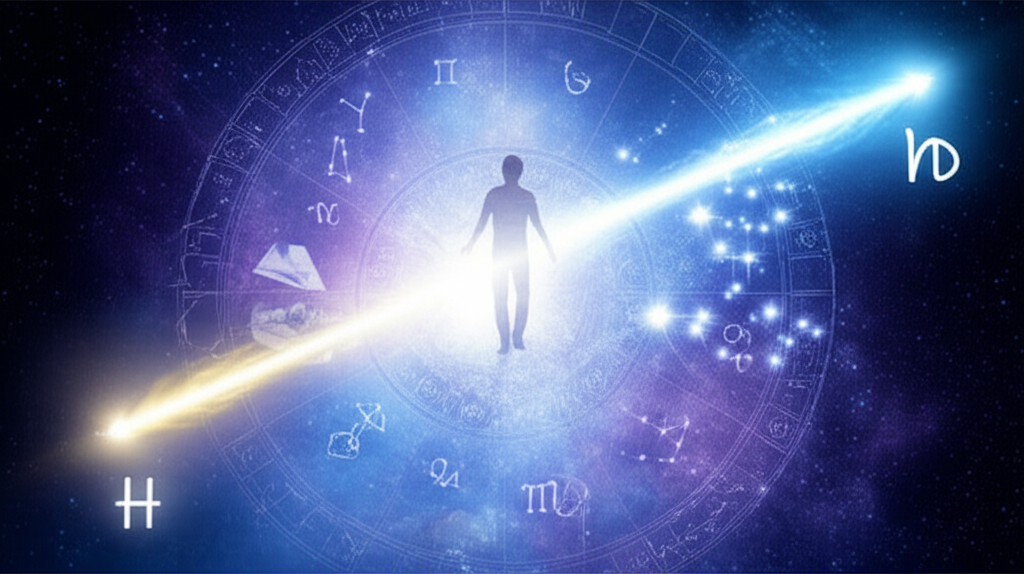 Схематичное изображение, которое показывает, как влияют узлы луны на судьбу человека на фоне космоса.