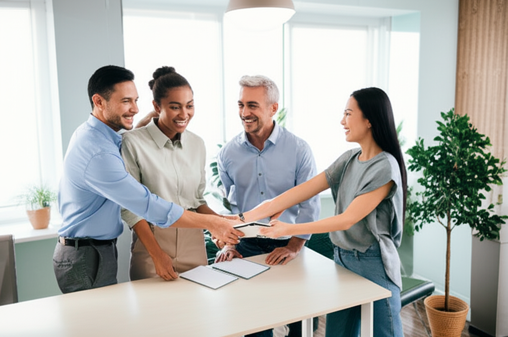 Полезное руководство о том, как влиться в новый коллектив, на фоне дружелюбного знакомства с коллегами.