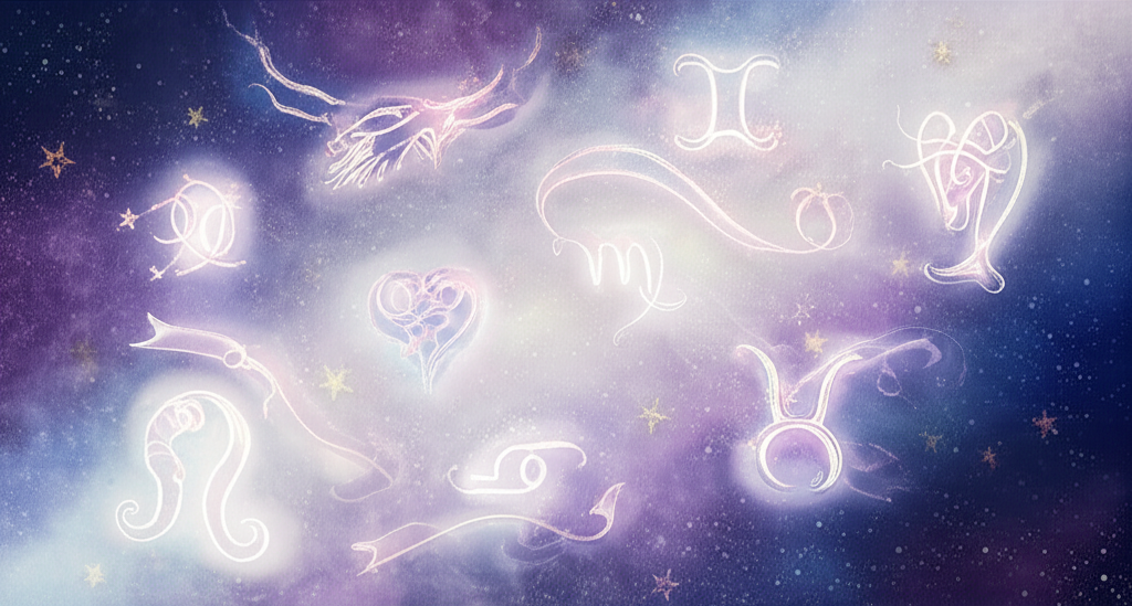 Иллюстрация, символизирующая, как влюбляется знак зодиака: переплетающиеся знаки, сердца и звездная пыль на фоне космоса.