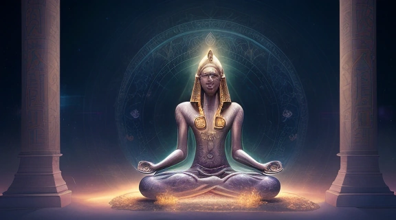 Изображение человека в медитации, окруженного символами разных эпох, помогающими как вспомнить прошлые жизни