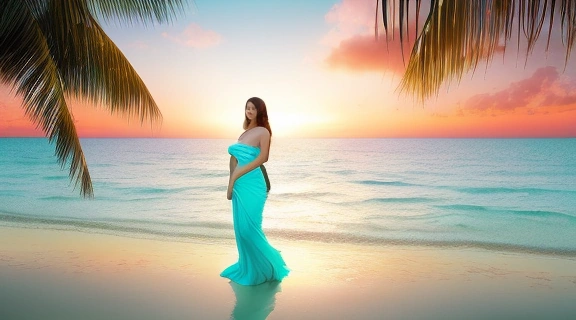 Красивая женщина с улыбкой смотрит на горизонт на тропическом пляже, мечтая встретить мужчину мечты на курорте.