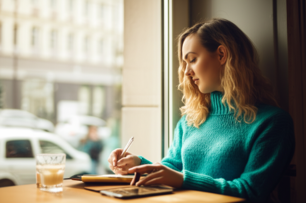 Женщина сидит в светлом кафе и размышляет, как встретить суженого, делая записи в своем дневнике.